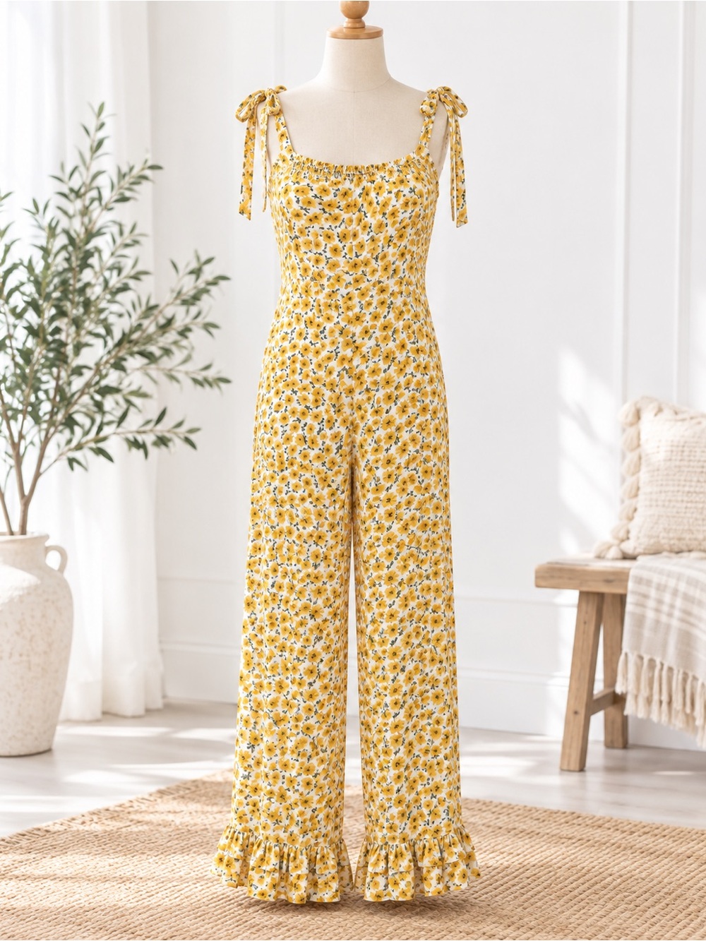 Faithfull the Brand Yellow Floral Tie-Strap Wide-Leg Jumpsuit